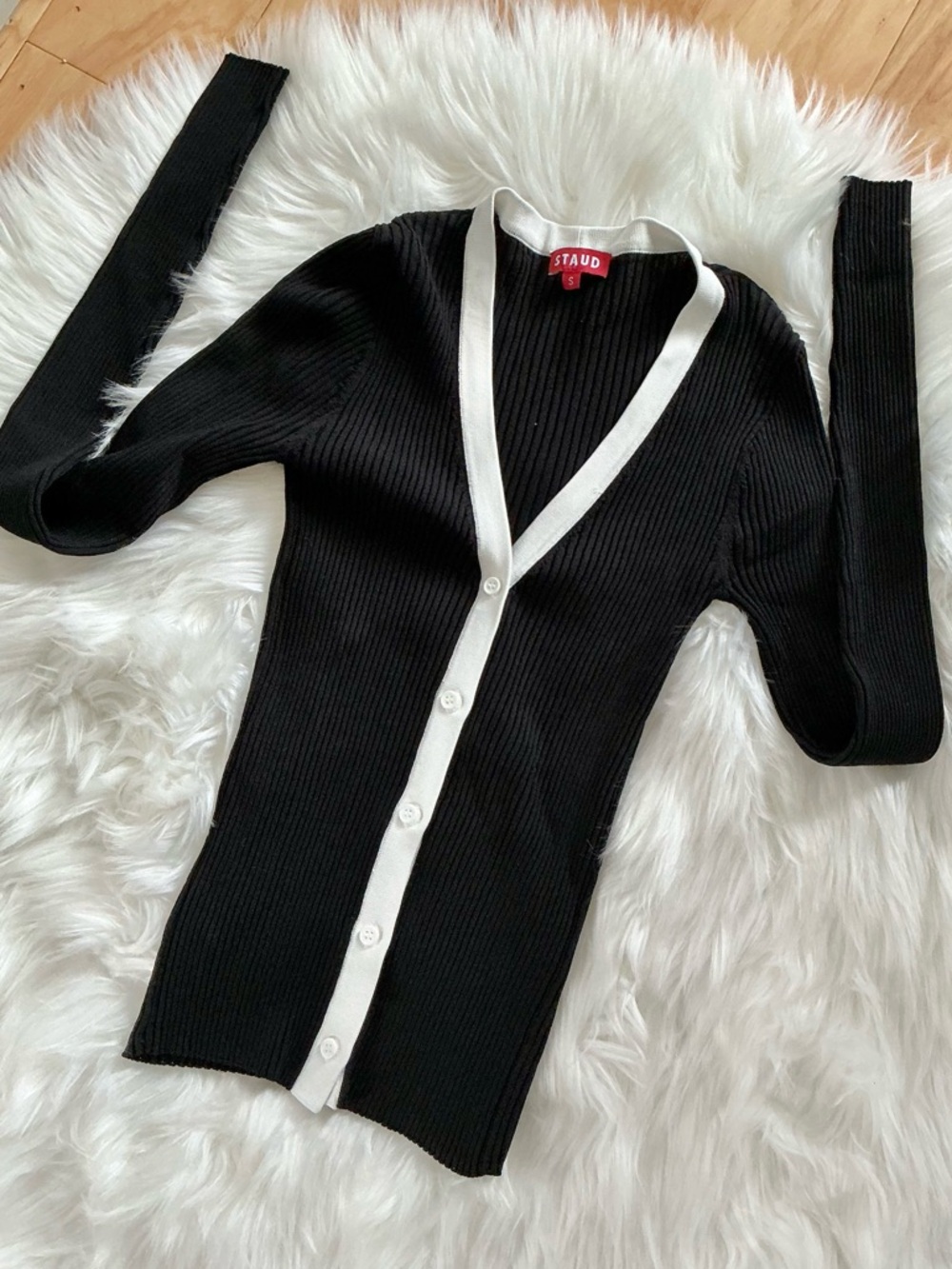 STAUD Cargo Black Ribbed V-Neck Cardigan with White Trim Size Small